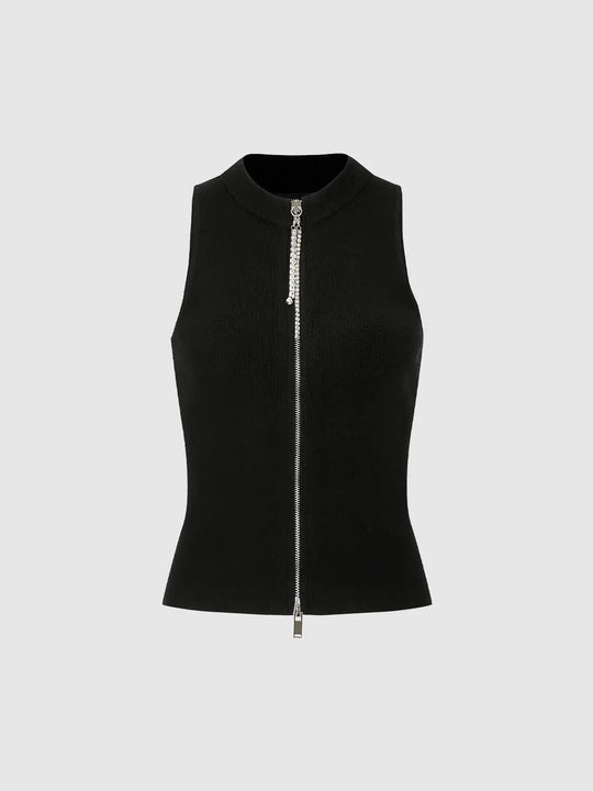 Crew Neck Sleeveless Zip Up Skinny Fit Knitted Cardigans