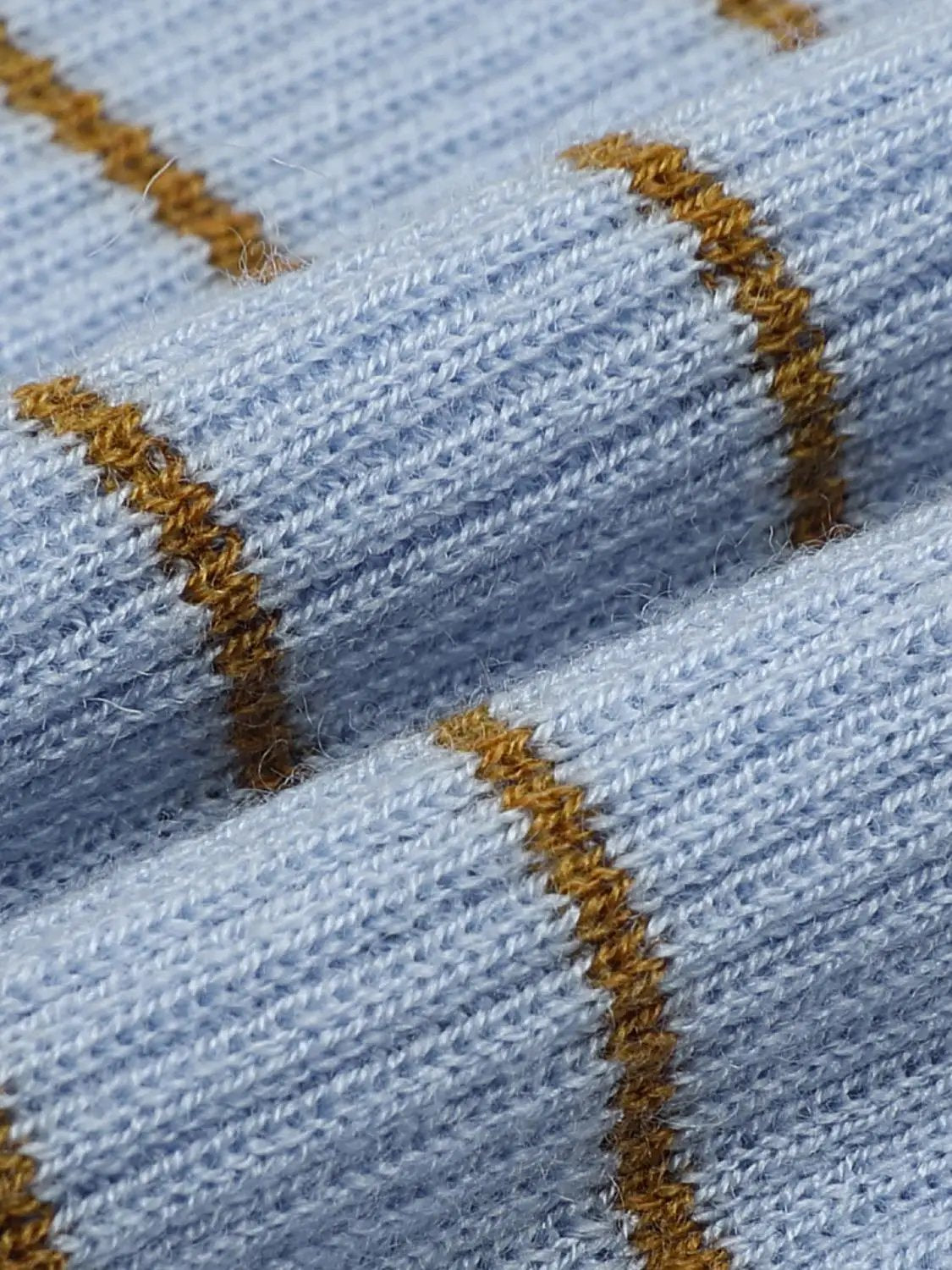 Striped knit T-shirt by Urban Revivo Fashion, light blue with brown stripes, fitted V-neck long sleeves