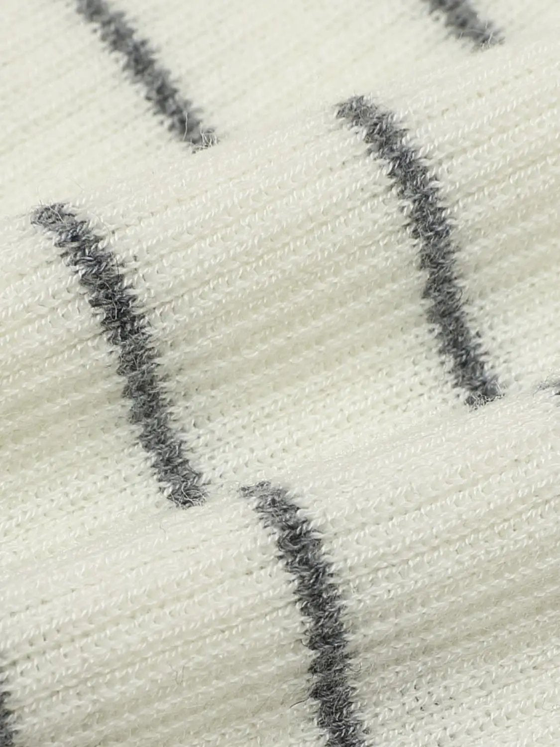 Striped Shawl Fitted V-neck Long Sleeve Knit T-shirt; cream knit fabric with gray stripes.