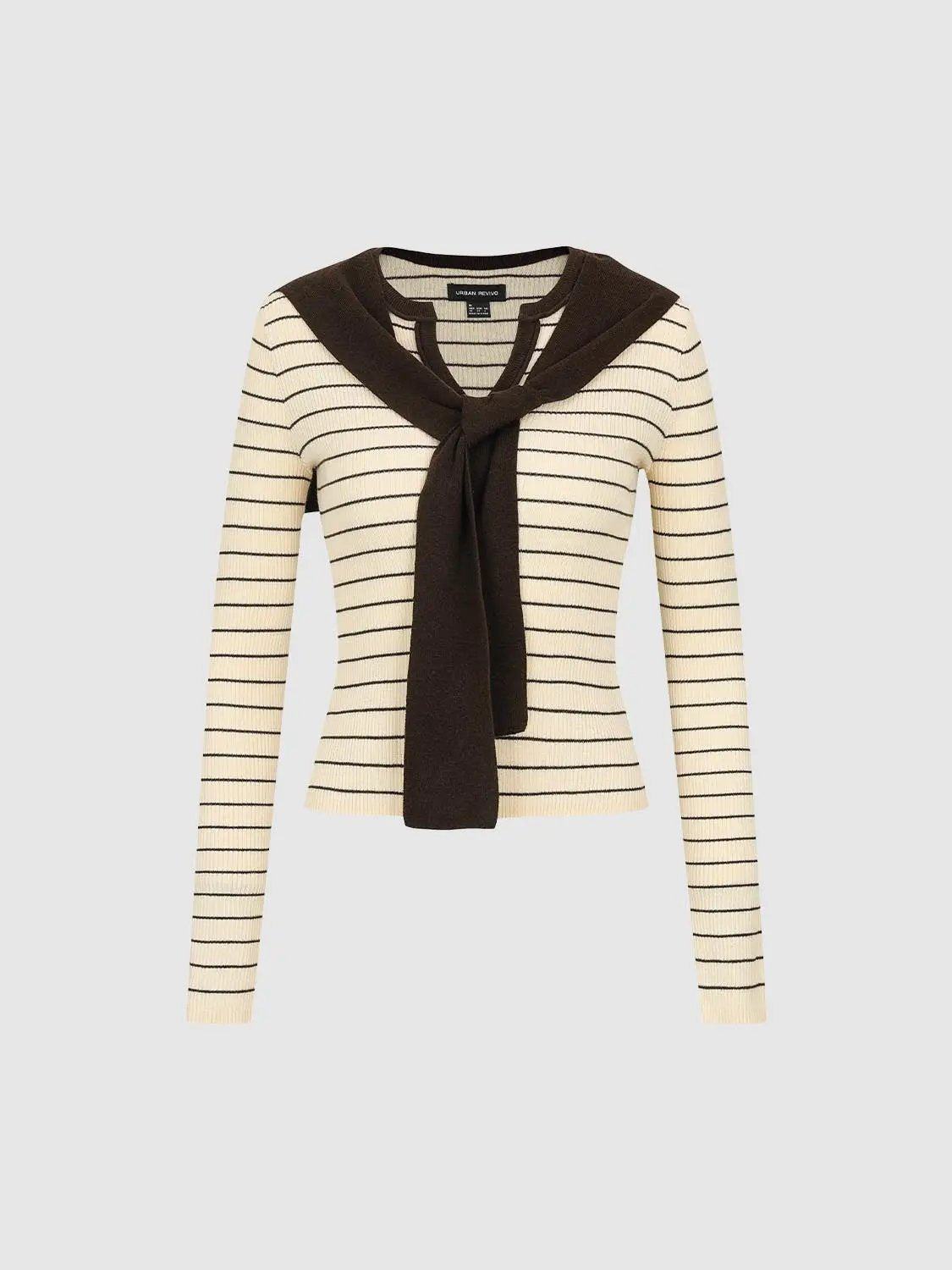 Striped knit T-shirt with long sleeves; cream with black stripes and a brown scarf-tie detail by Urban Revivo.