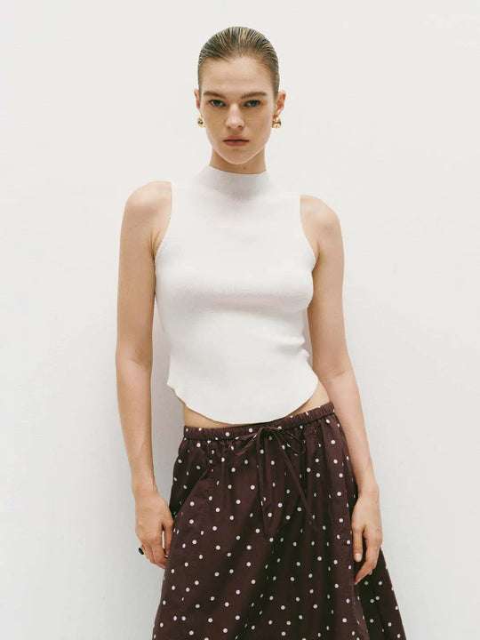 Ribbed Textured Mock Neck Sleeveless Knitted T-Shirt