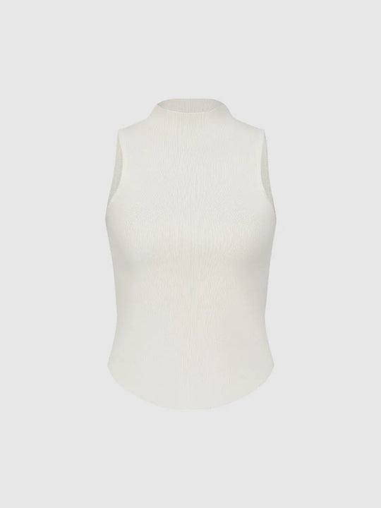 Ribbed Textured Mock Neck Sleeveless Knitted T-Shirt