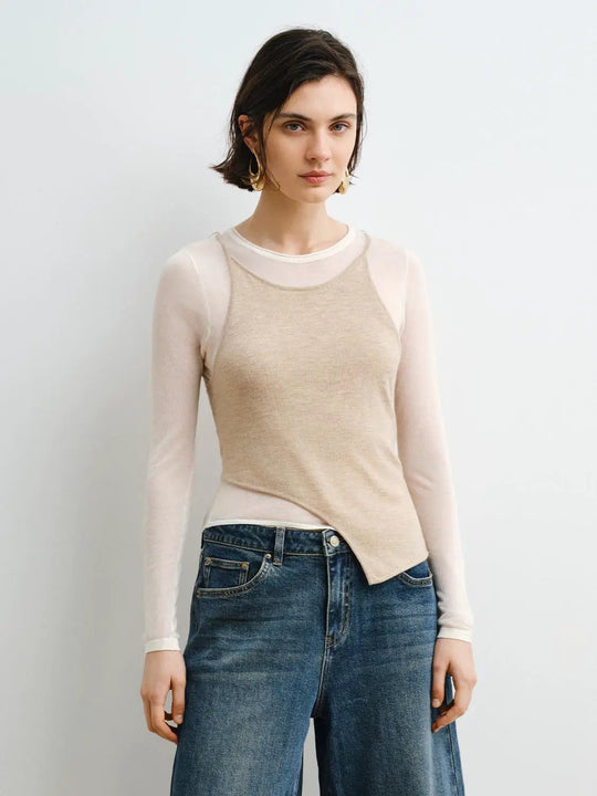 Layered Twisted Hem Crew Neck Long Sleeve Knit T-shirt