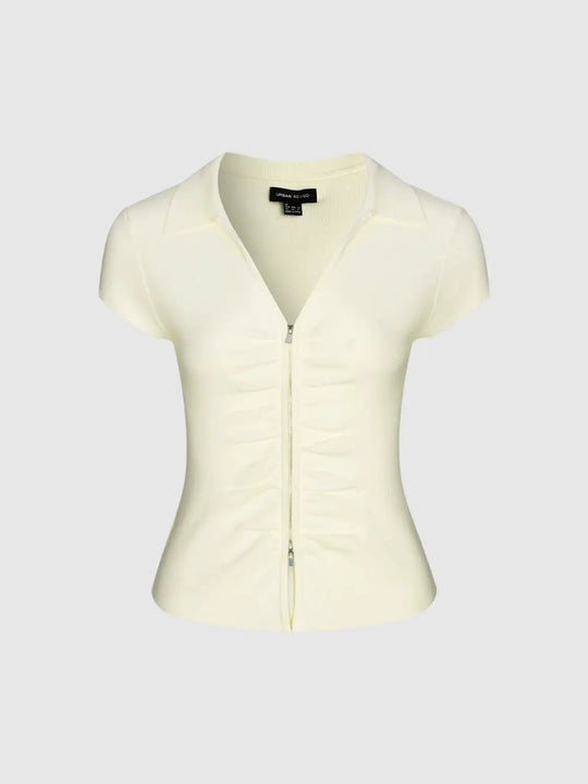Cream Ruched Front Zip Fitted Knit Cardigan