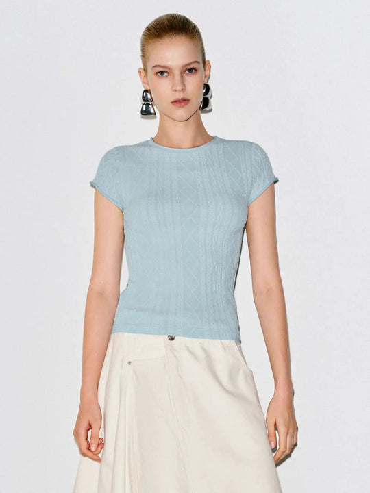 Textured Cable Knit Short Sleeve Relaxed Fit T-shirt