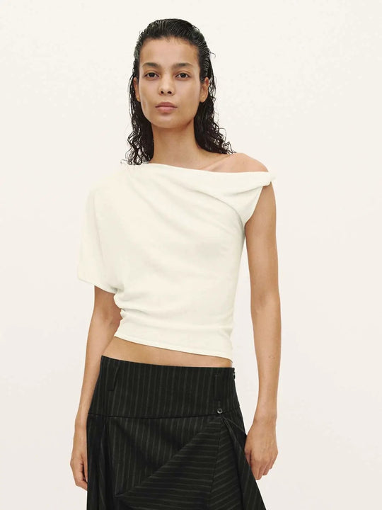 One Shoulder Slight Stretch Knitted T-Shirt