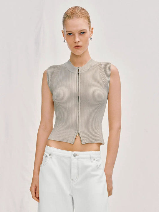 Ribbed Cropped Zip Sleeveless Knit Cardigan