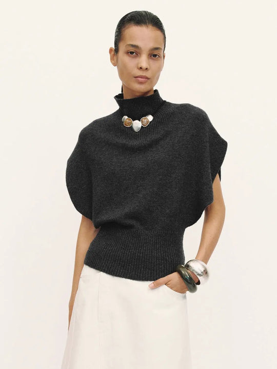 Knit Mock Neck Ribbed Hem Short Sleeve Sweater