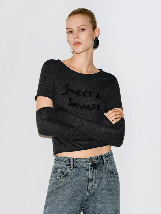 カットアウトプリントTシャツボートネッククロップド長袖