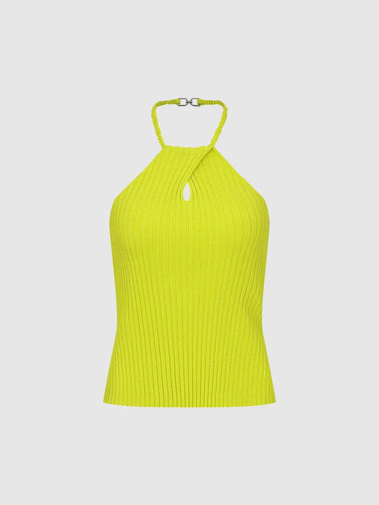 Ribbed Knit With Keyhole Neckline And Braided Strap Halter Top