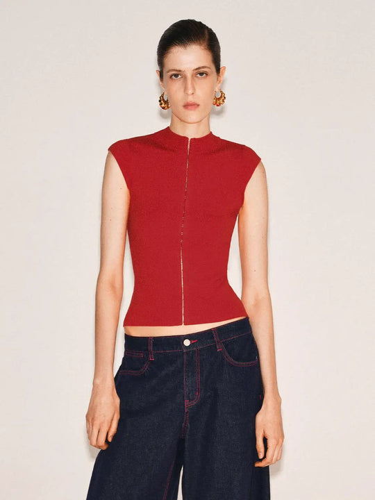 Button High Collar Knit Top