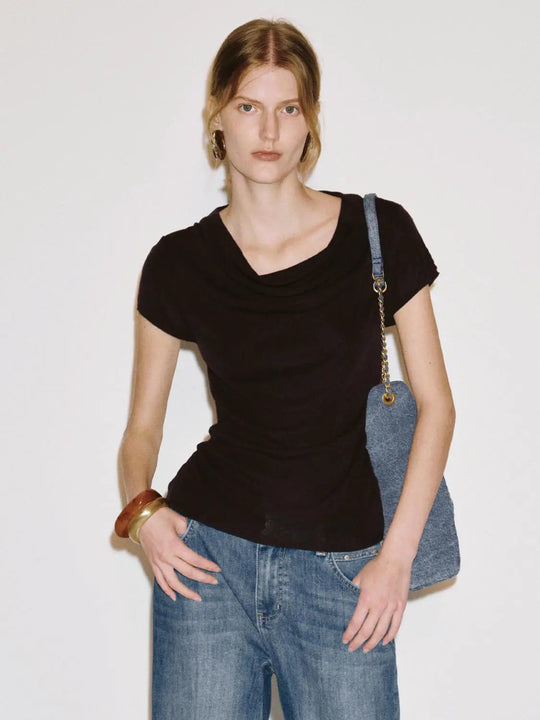 Ruched Fitted Draped Neck Short Sleeve Knit T-shirt