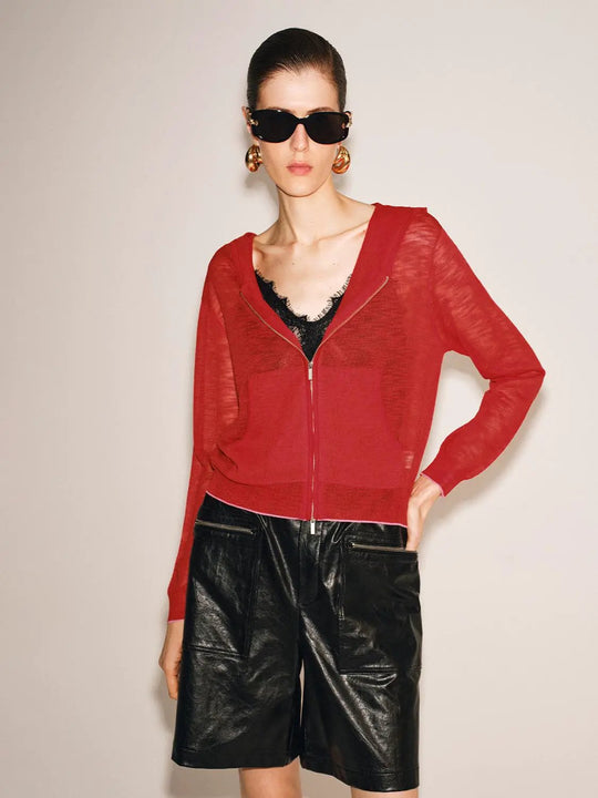Sheer Front Zip Long Sleeve Ribbed Knit Jacket