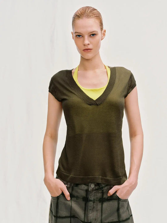Ribbed V-neck Slim Fit Knitted Lyocell T-shirt