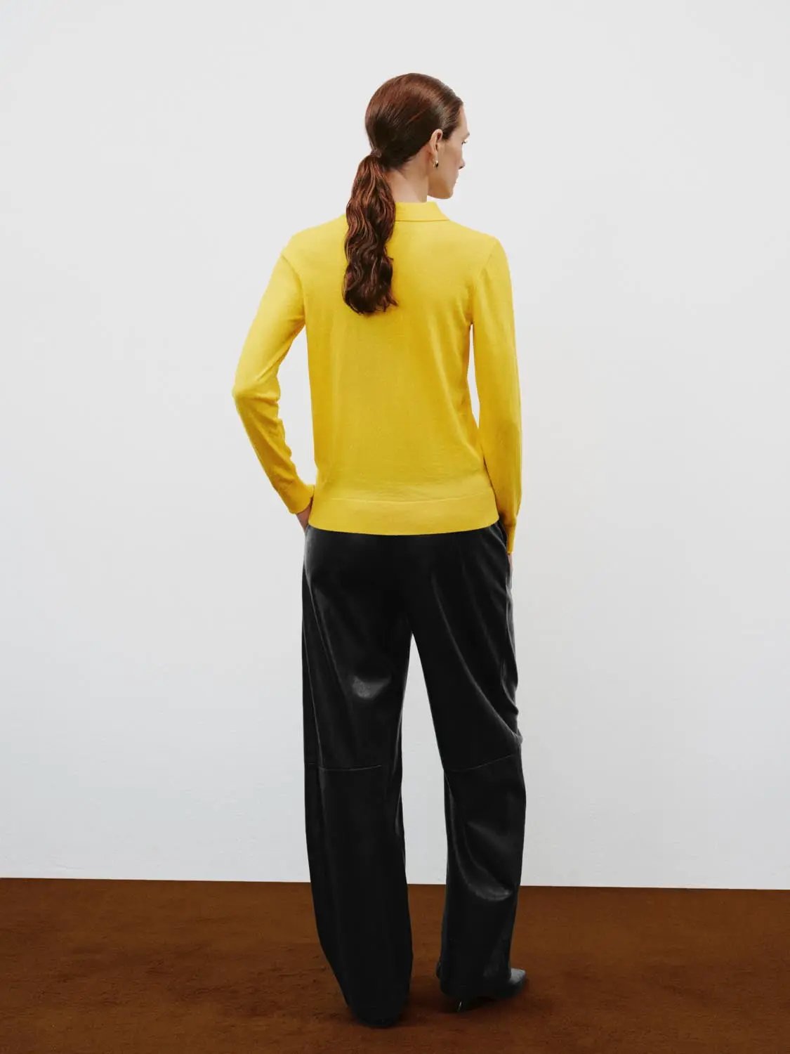 Polo Collar Long Sleeve Fitted Knit Sweater in yellow, back view
