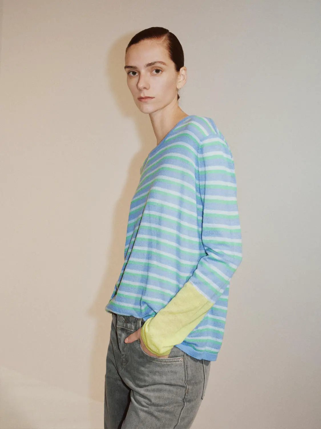 Color-block striped knit sweater in blue and mint green; long sleeves, crew neck, Urban Revivo Fashion
