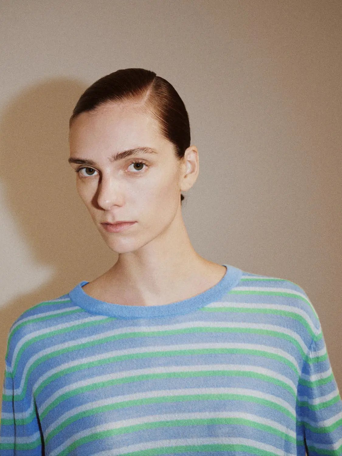 Color-block striped long-sleeve crew-neck knit sweater in blue and green