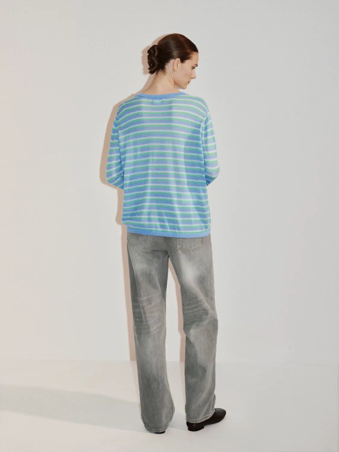 Color Block Striped Long Sleeve Knit Sweater in pastel blue and green stripes