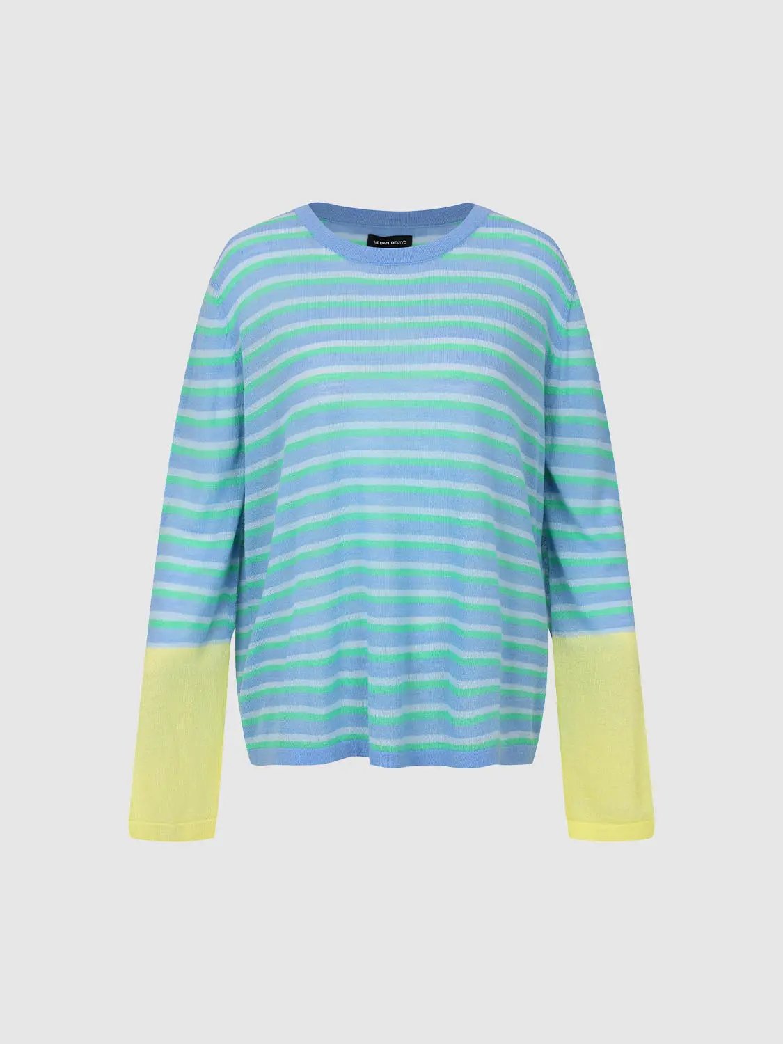 Color Block Striped Long Sleeve Crew Neck Sweater by Urban Revivo Fashion in blue with green stripes and yellow cuffs