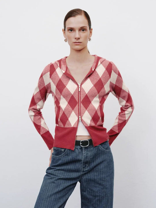 Argyle Hooded Long Sleeve Zip Front Knit Jacket