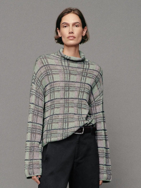 Checked Textured Twisted Hem Roll Neck Long Sleeve Sweater