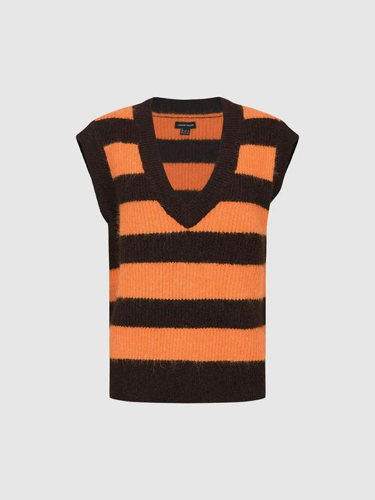 Gestreiftes ärmelloses Stricktop aus Stretchmaterial mit V-Ausschnitt