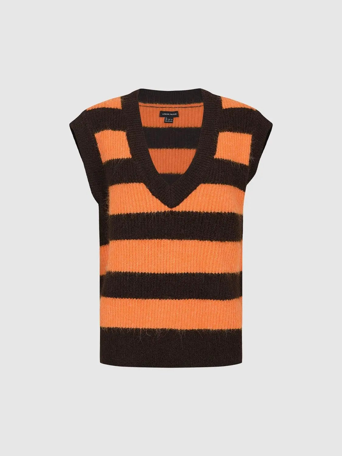 Striped stretch V-neck sleeveless knit tank top by Urban Revivo Fashion in orange and brown stripes