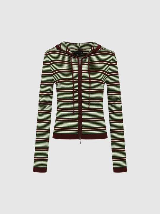 Zip Front Hooded Striped Fitted Knitted Long Sleeve Jacket