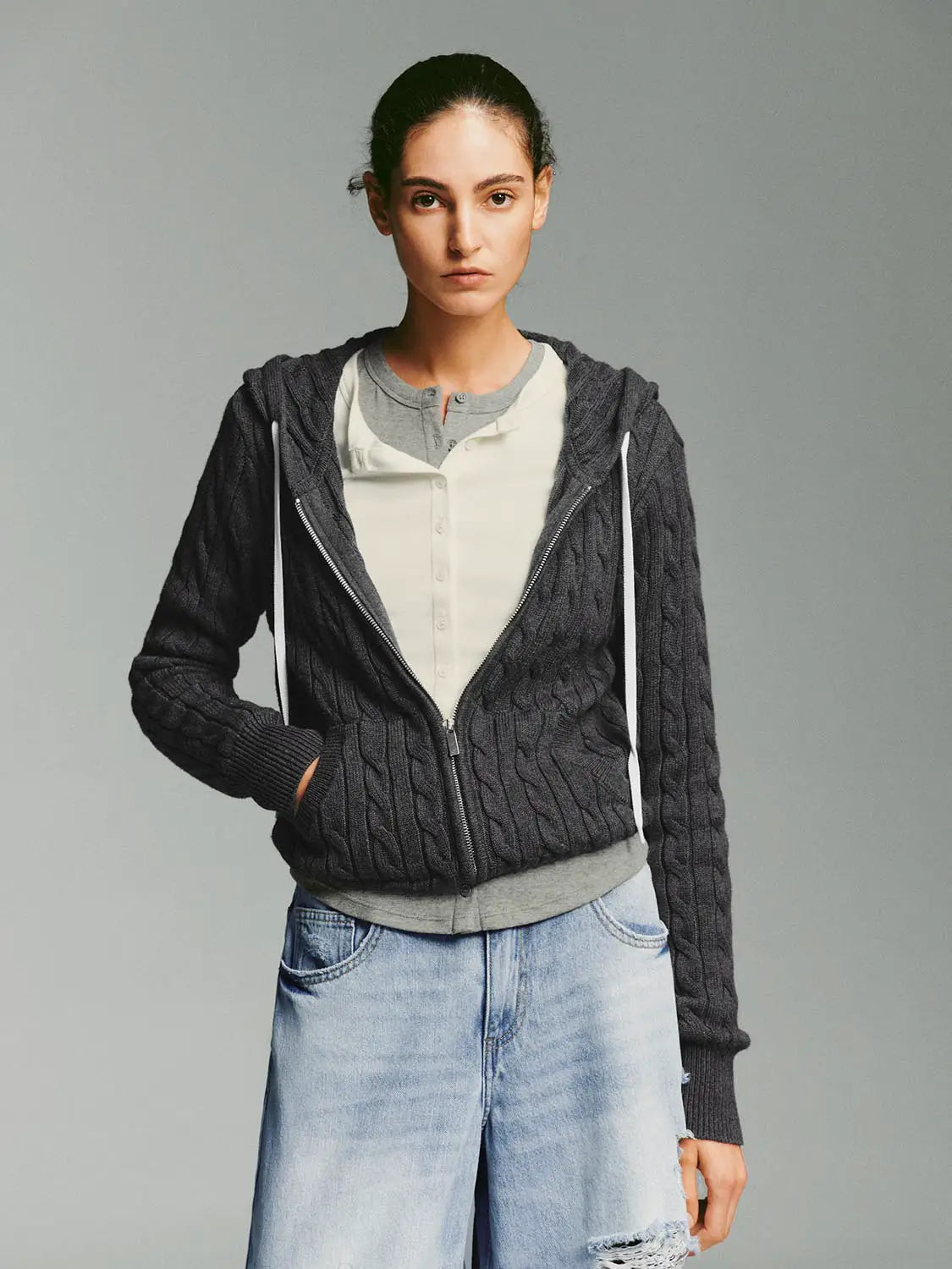 Knit Jacket by Urban Revivo Fashion, dark gray cable-knit hooded cardigan with zip front