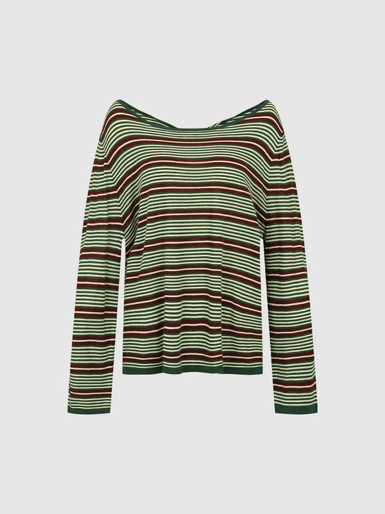 Multicolor Striped Long Sleeve Boat Neck Knit T-Shirt