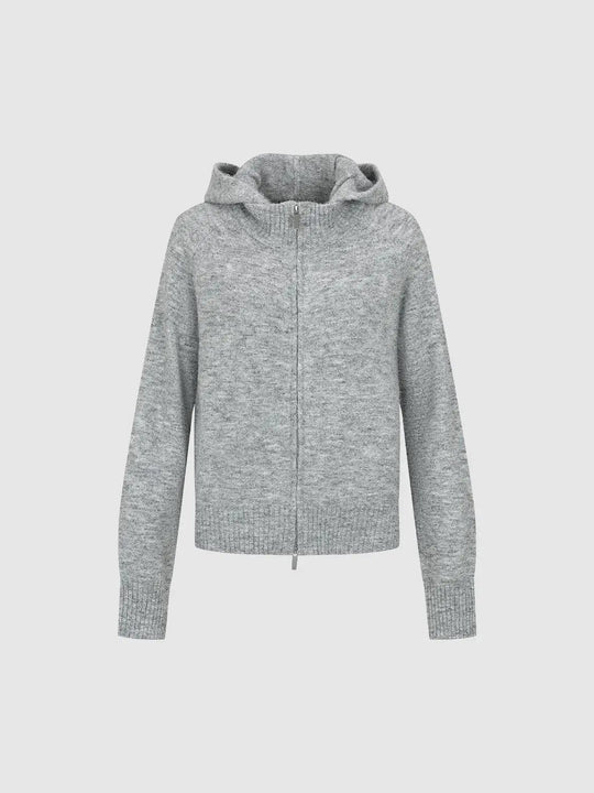 Heather Ribbed Zip-Front Hooded Long Sleeve Knit Jacket