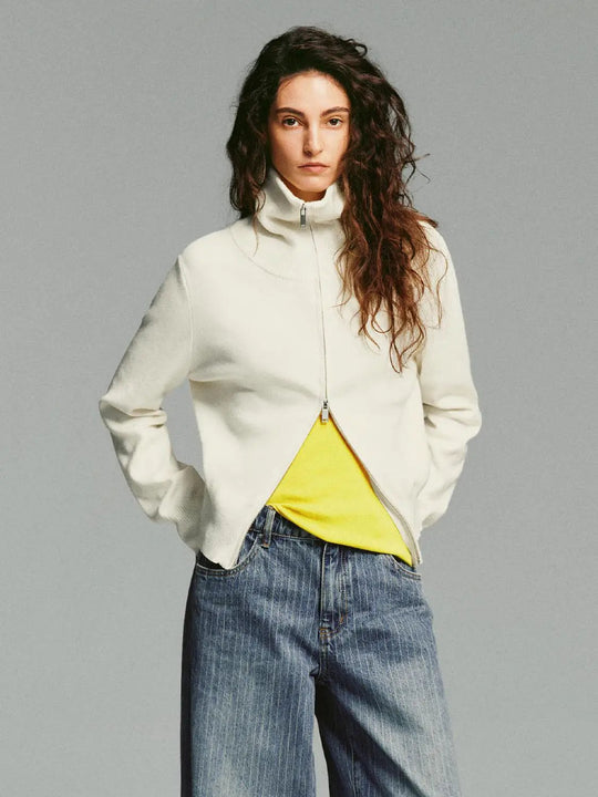 Ribbed Zip Front Fitted Mock Neck Long Sleeve Jacket