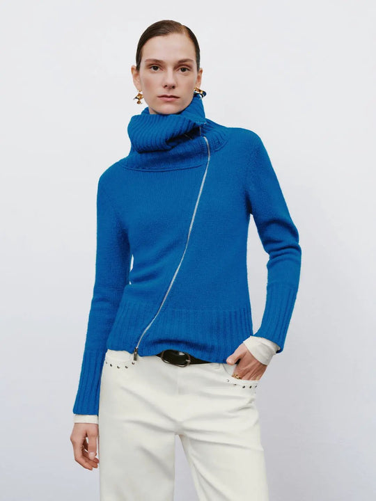 Ribbed Diagonal Zipper Long Sleeve Knit Jacket