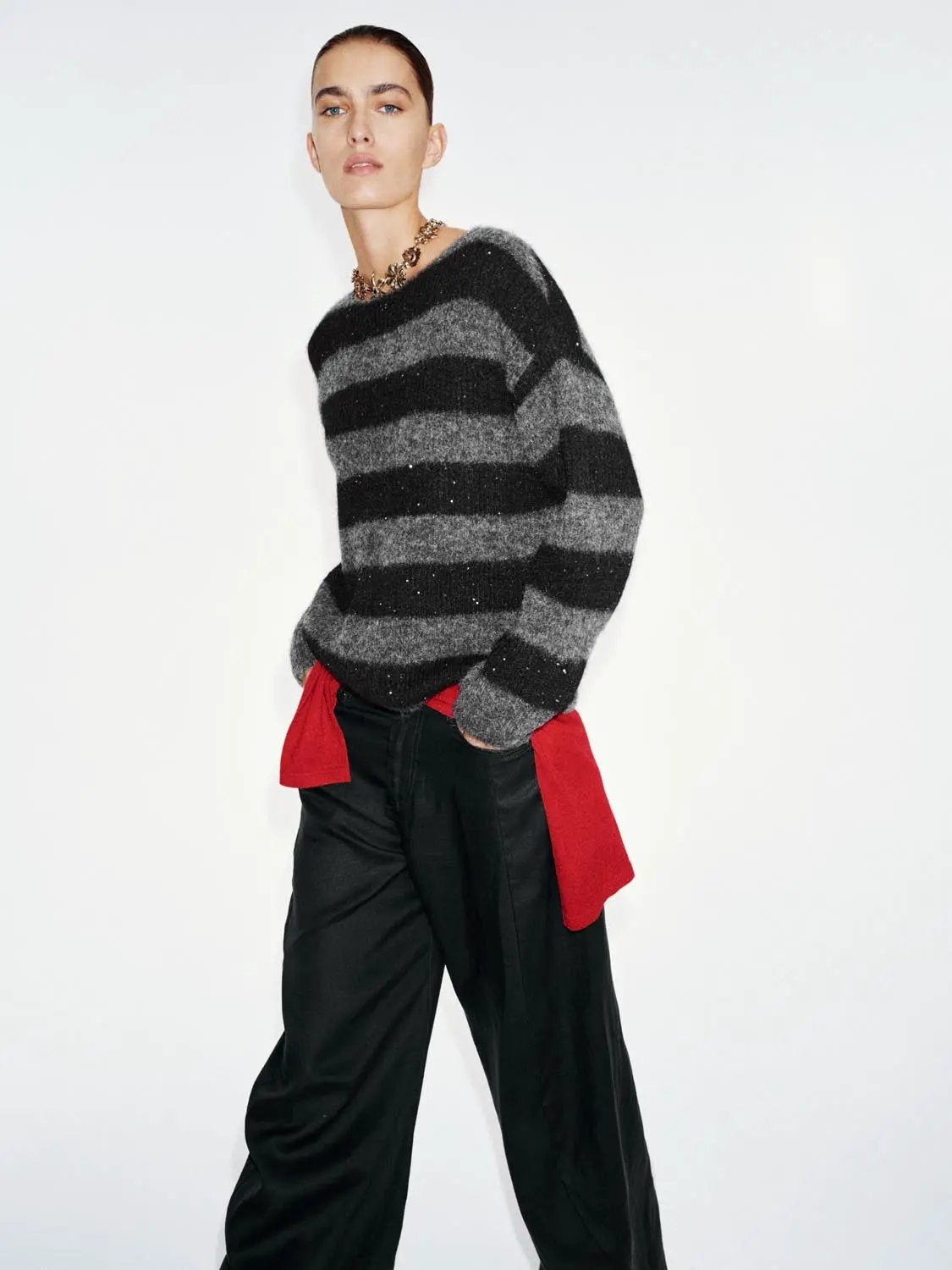 Textured striped oversized boat-neck long-sleeve knit sweater in black and gray; Urban Revivo Fashion