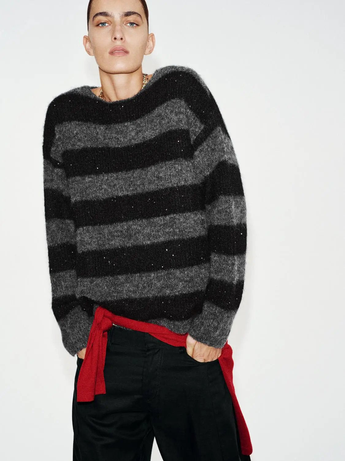 Textured striped oversized boat-neck sweater in black and gray knit, Urban Revivo Fashion