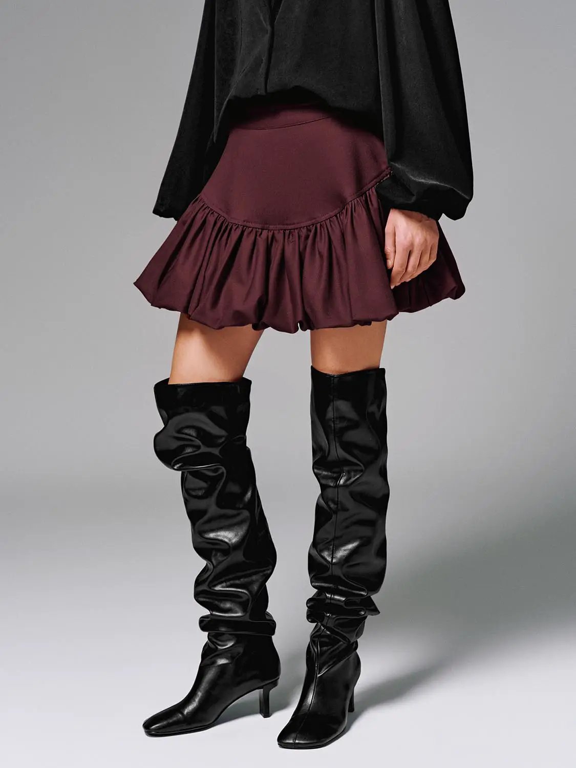 Cotton A-line skirt with burgundy tiered ruffles by Urban Revivo Fashion