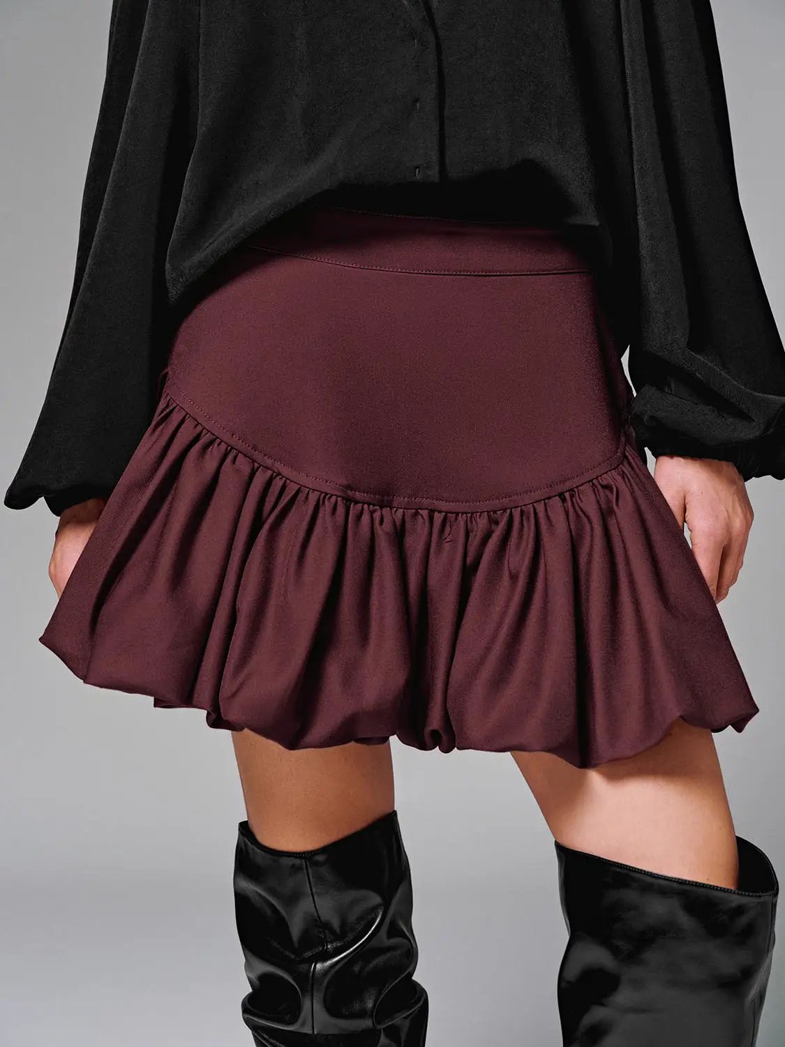 Cotton Leopard Print Tiered Ruffle Skirt, burgundy satin-like fabric, mini length with gathered hem