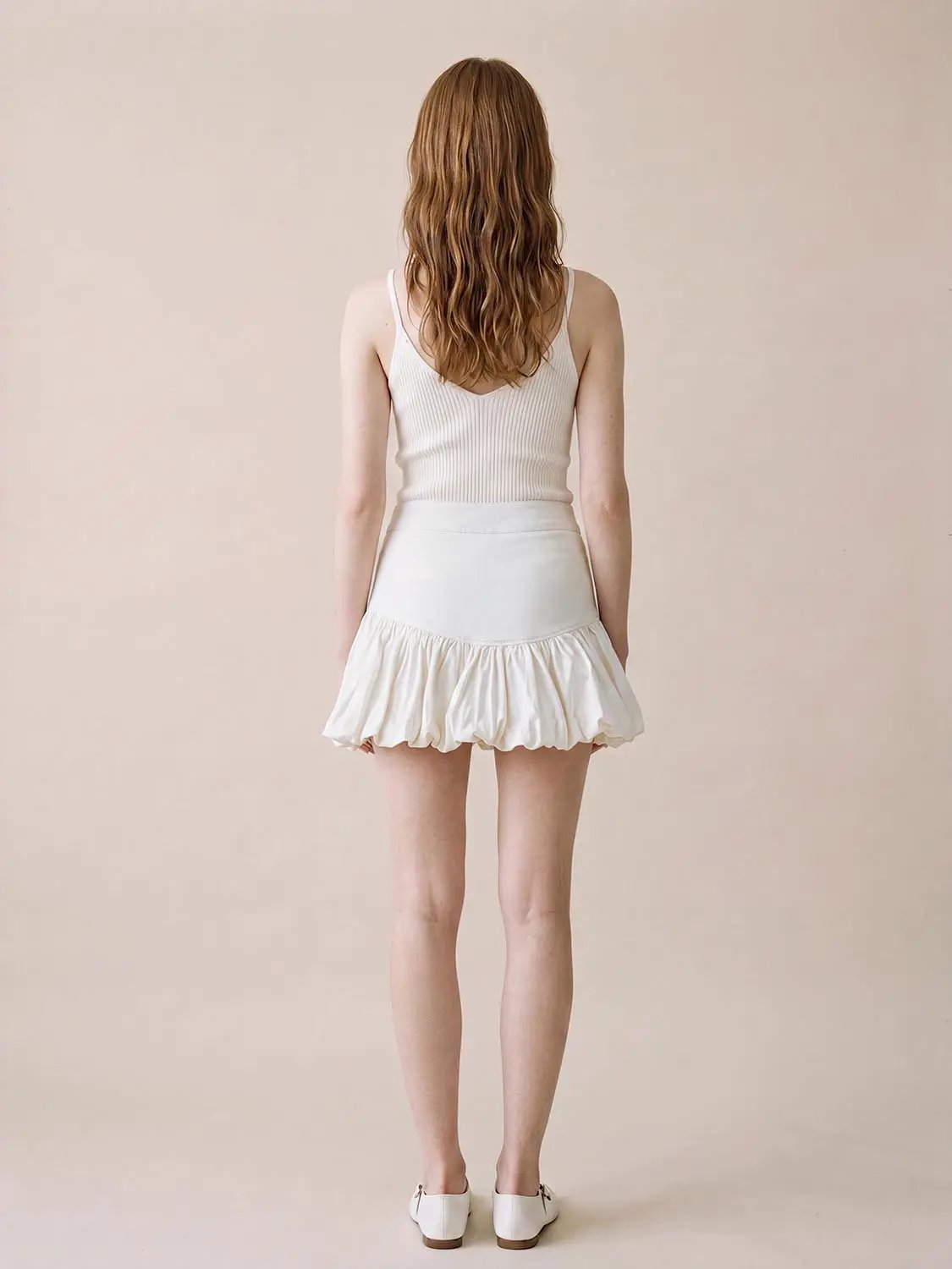 Cotton Leopard Print Tiered Ruffle Skirt; white fabric, wide waistband, back view