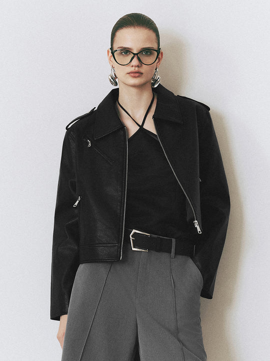 Veste ample en cuir vegan avec fermeture éclair sur le devant