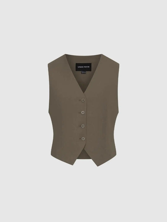 Gilet-tailleur sans manches à col en V, boutonnage sur le devant et taille ajustée