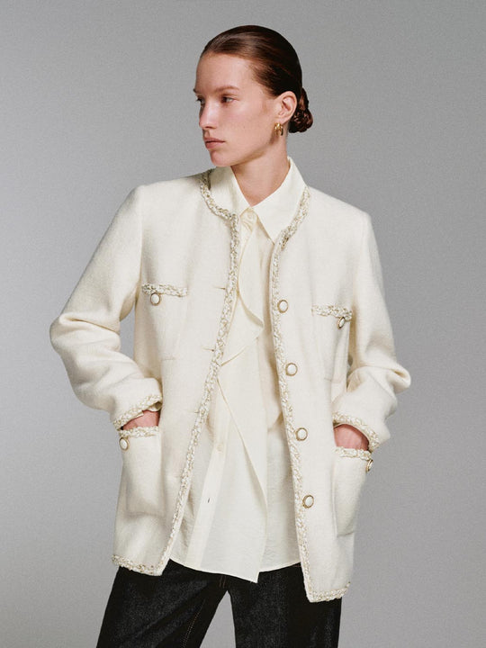 Wool Blend Raw Hem Patch Pocket Tweed Jackets