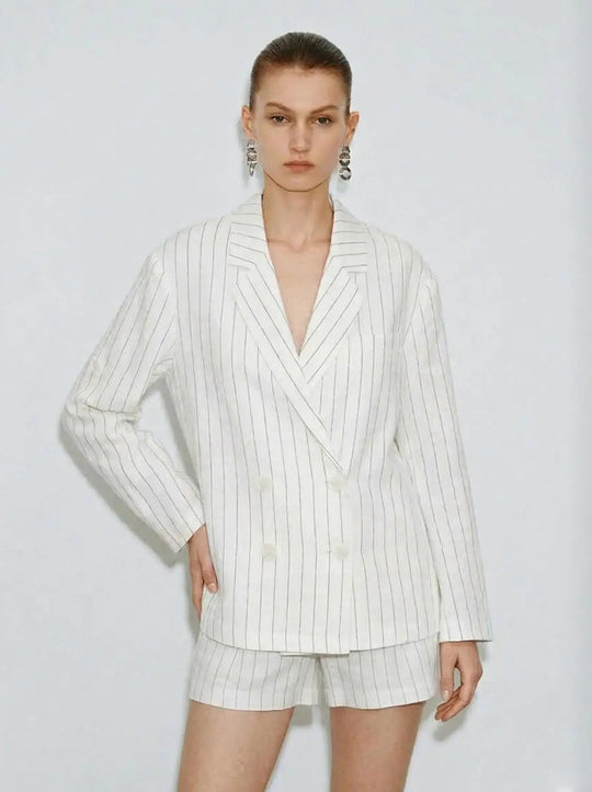Striped Double-Breasted Loose-Fit Vertical Stripe Pattern With Clean Lines Blazer