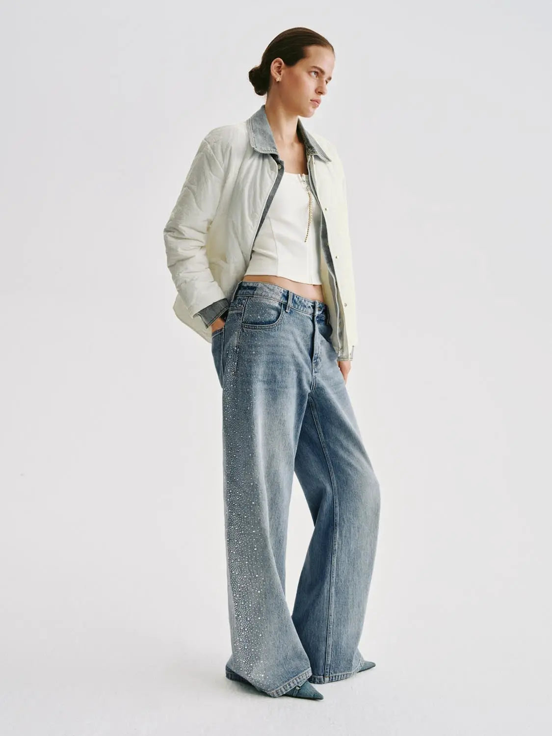 Padded jacket in cream with denim collar by Urban Revivo Fashion
