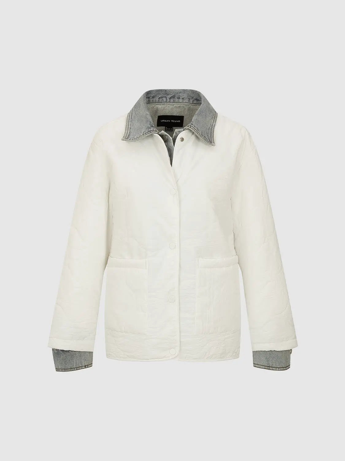 Padded jacket Urban Revivo in ivory with grey denim collar and cuffs; quilted, front pockets and snap closure.