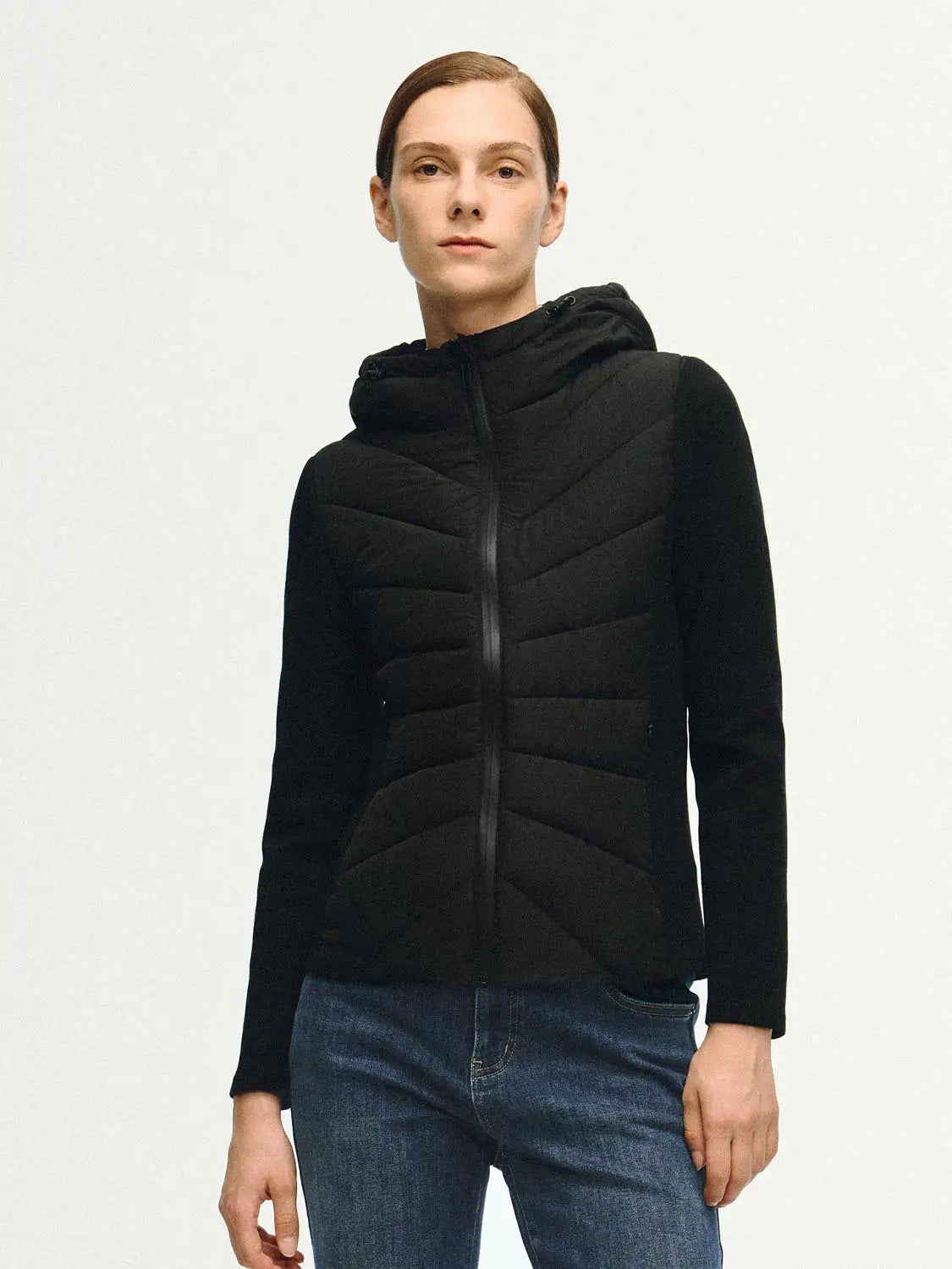 Padded Jacket black hooded with chevron quilting, Urban Revivo Fashion