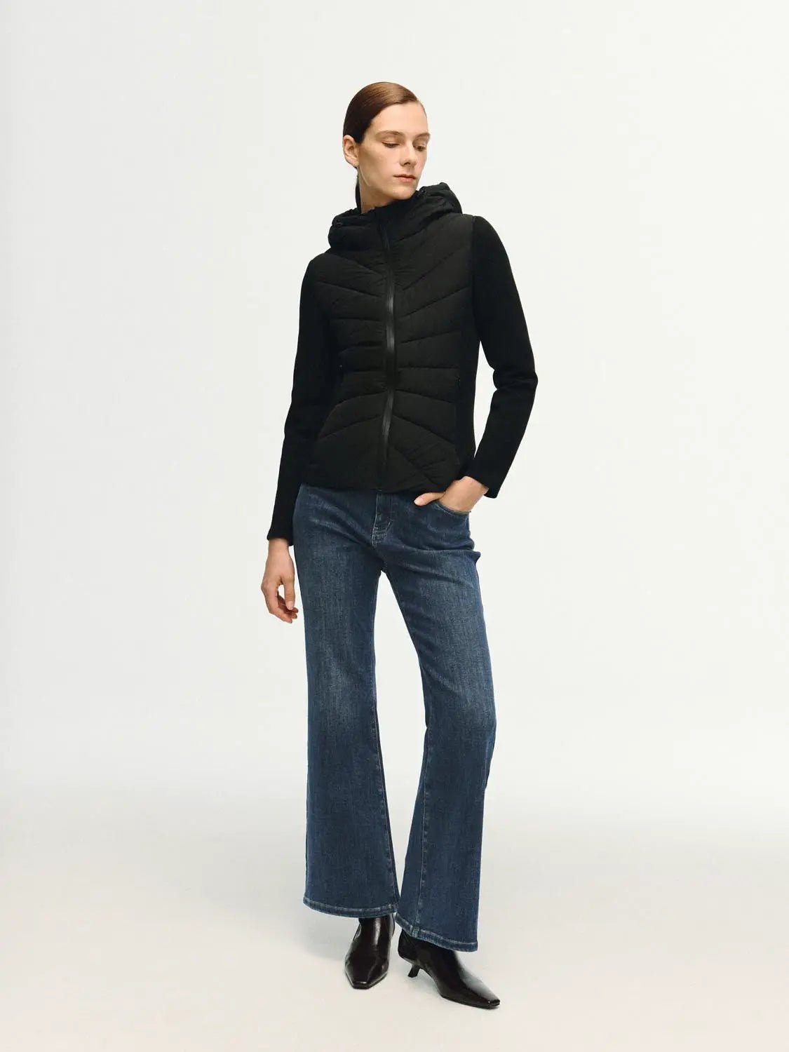 Urban Revivo padded jacket black with hood, quilted front panels and front zipper
