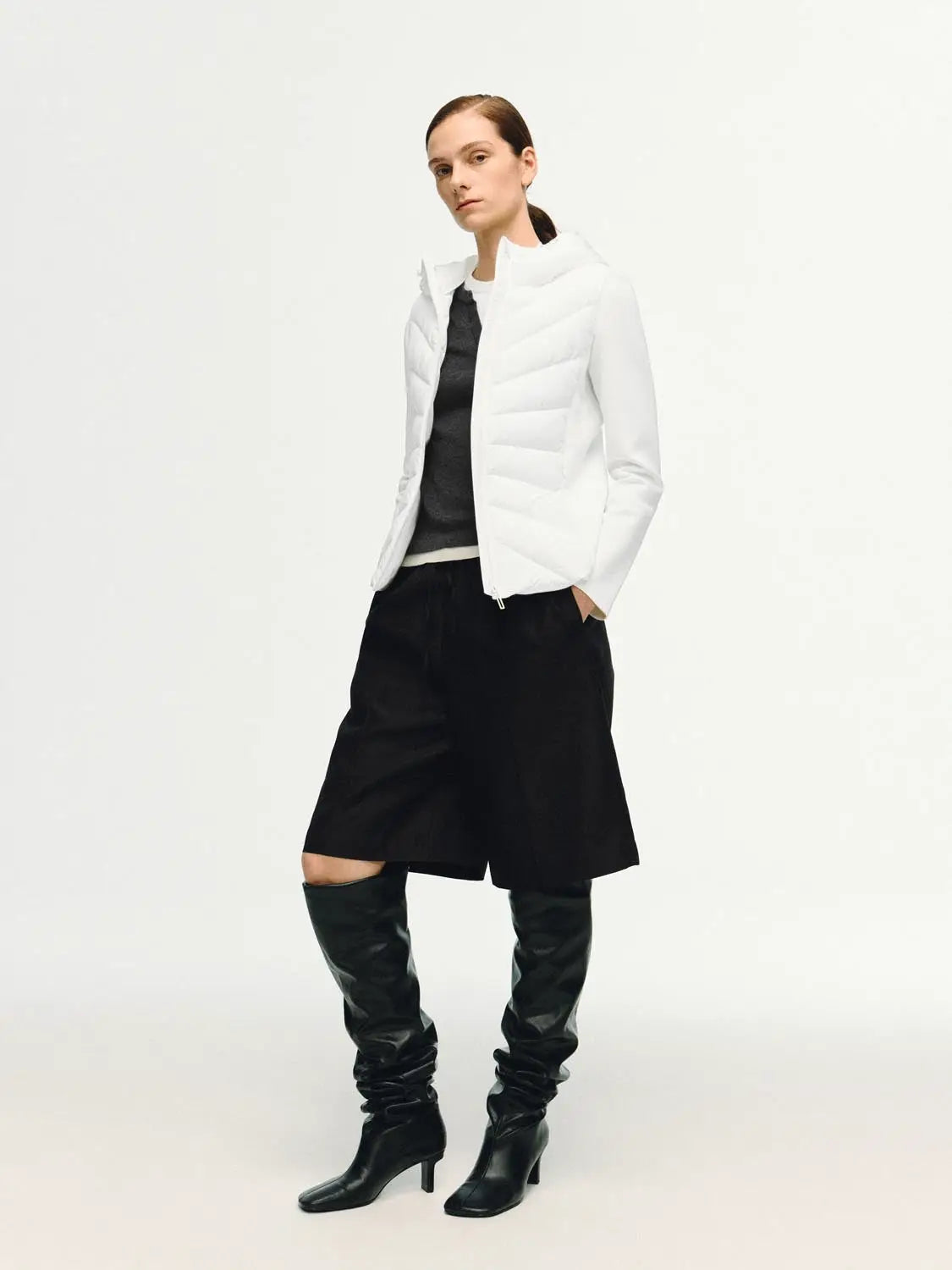 Padded jacket, white with diagonal quilting and stand collar