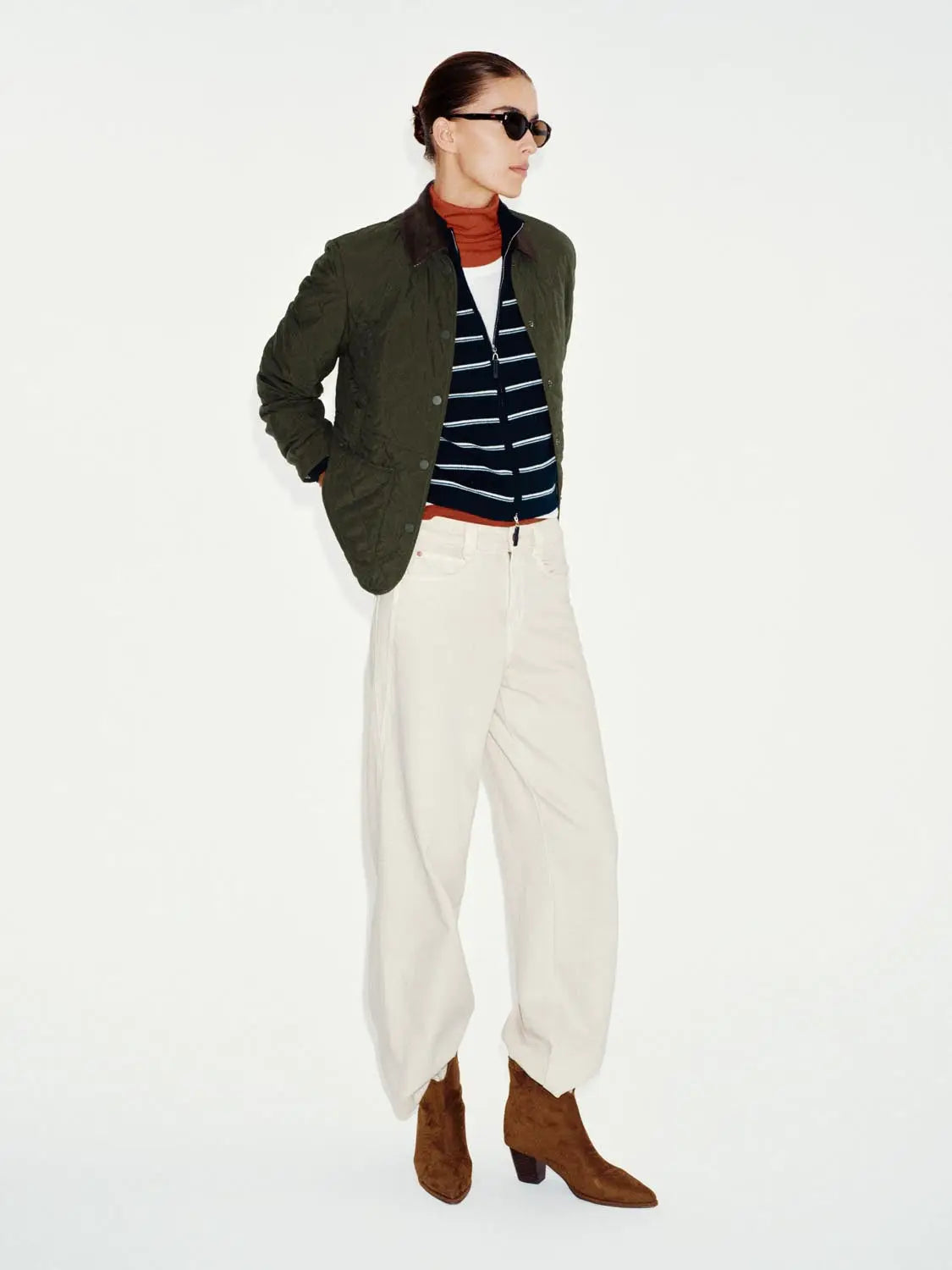 Padded jacket olive green with dark collar; model wears it with navy striped top and beige wide-leg pants, Urban Revivo.