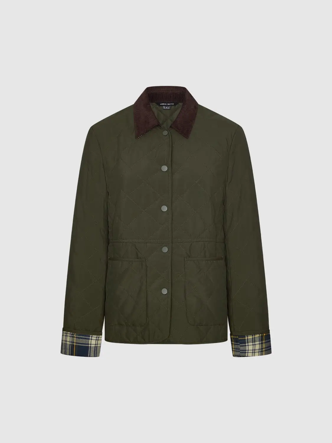 Urban Revivo padded jacket in olive quilted fabric with brown corduroy collar and plaid cuffs.
