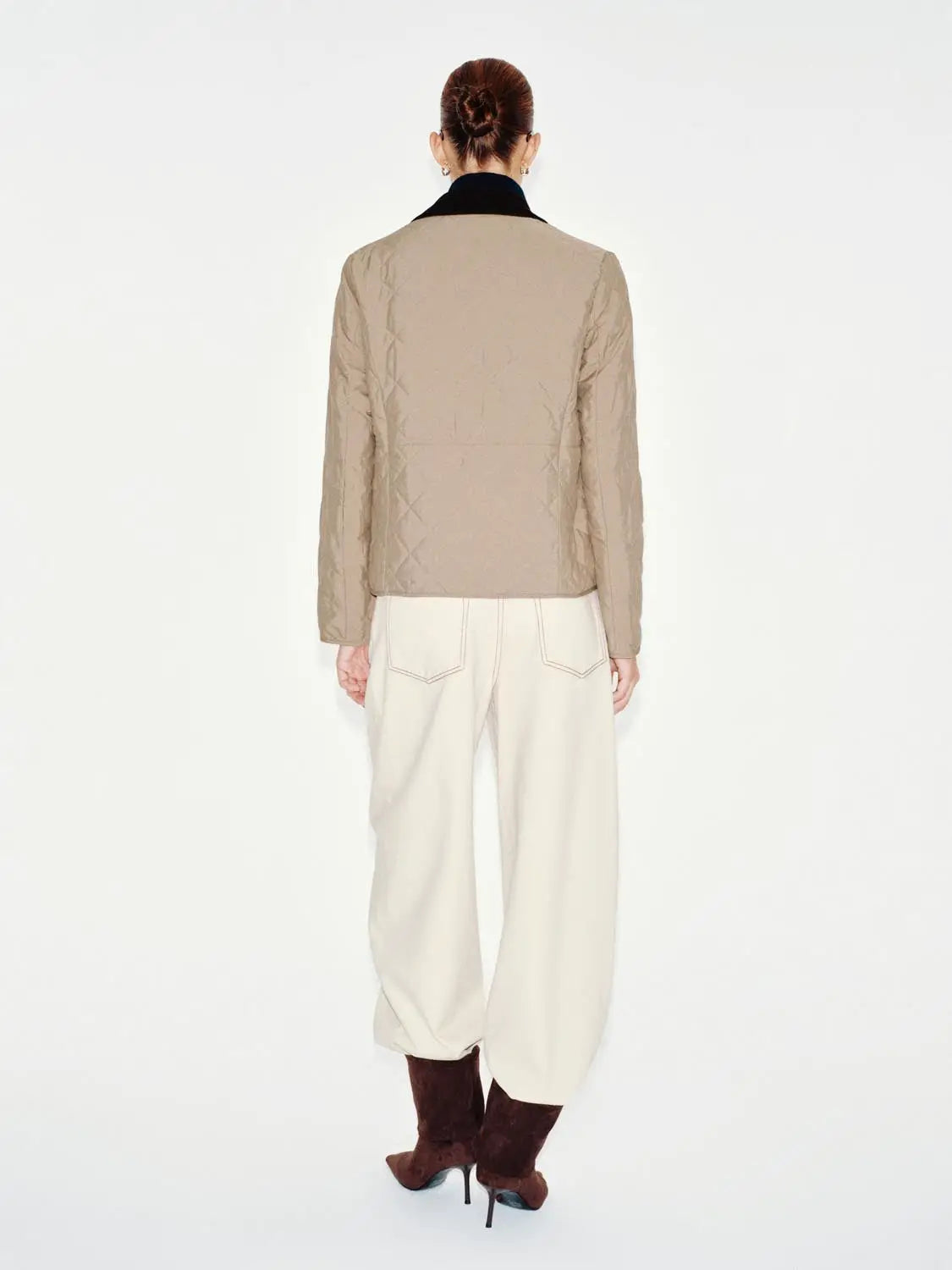 Padded Jacket tan quilted with diamond stitching and black collar